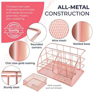 Rose Gold Desk Accessories for Women Office Decor, All in 1 Organizer 6C, File, Pen, Stationery, Rose Gold Office Supplies and Accessories, Cute Rose Gold Desk Organizer,Gold office supplies for women