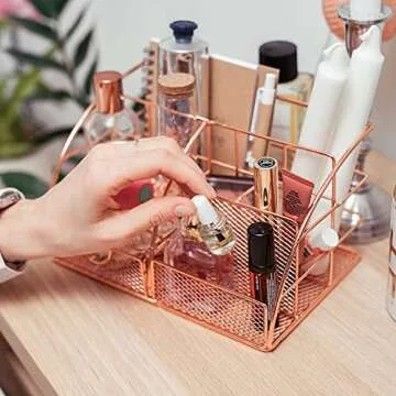 Rose Gold Desk Accessories for Women Office Decor, All in 1 Organizer 6C, File, Pen, Stationery, Rose Gold Office Supplies and Accessories, Cute Rose Gold Desk Organizer,Gold office supplies for women
