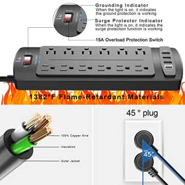 Power Strip, Tcstei Surge Protector with 12 Outlets and 4 USB Ports, 6 Feet Extension Cord (1875W/15A) for for Home, Office, Dorm Essentials, 2700 Joules, ETL Listed, (Black)