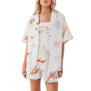 DSORVICD Women 2 Piece Pajamas Outfits Boho Print Short Sleeve Shirt Elastic Waist Shorts Casual Bea...