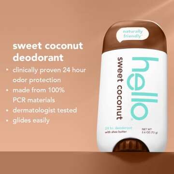 hello Sweet Coconut Deodorant With Shea Butter for Women + Men, Aluminum Free, Baking Soda Free, Parabens Free, 24 Hour Odor Protection, 2.6 Ounce, 2 Pack