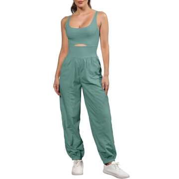ReachMe Womens Workout Romper Running Onesie Gym Exercise Jumpsuits One Piece Climb Outfits Hiking Pants with Pockets(Dark Sage,S)