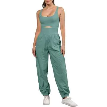 ReachMe Womens Workout Romper Running Onesie Gym Exercise Jumpsuits One Piece Climb Outfits Hiking Pants with Pockets(Dark Sage,S)