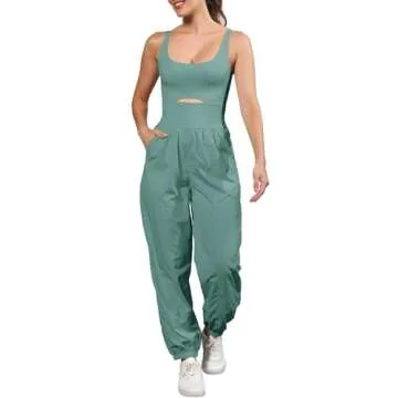 ReachMe Womens Workout Romper Running Onesie Gym Exercise Jumpsuits One Piece Climb Outfits Hiking Pants with Pockets(Dark Sage,S)