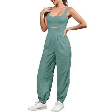 ReachMe Womens Workout Romper Running Onesie Gym Exercise Jumpsuits One Piece Climb Outfits Hiking Pants with Pockets(Dark Sage,S)