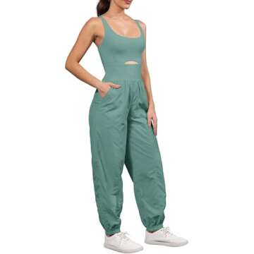 ReachMe Womens Workout Romper Running Onesie Gym Exercise Jumpsuits One Piece Climb Outfits Hiking Pants with Pockets(Dark Sage,S)