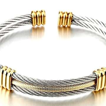 COOLSTEELANDBEYOND Men Women Stainless Steel Twisted Cable Adjustable Cuff Bangle Bracelet Gold Silver Two-tone