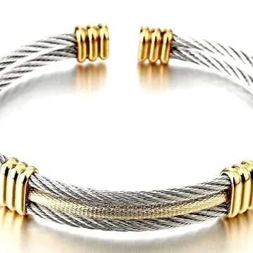 COOLSTEELANDBEYOND Men Women Stainless Steel Twisted Cable Adjustable Cuff Bangle Bracelet Gold Silver Two-tone