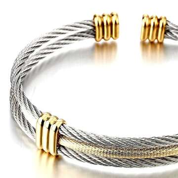 COOLSTEELANDBEYOND Men Women Stainless Steel Twisted Cable Adjustable Cuff Bangle Bracelet Gold Silver Two-tone
