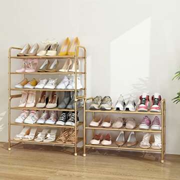 Simple Trending 3-Tier Stackable Shoe Rack, Expandable & Adjustable Shoe Shelf Storage Organizer, Wire Grid, Golden Yellow