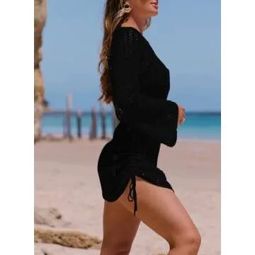 Herseas Womens Swimsuit Cover Up Bathing Suit Backless Crochet 2024 Summer Swim Cover Ups Swimwear Bikini Beach Dress Black Medium