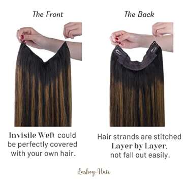 Wire Hair Extensions, 14 inch 75g Dark Brown with Light Brown Invisible Wire Fish Line Hair Extensions Straight Lashey Real Human Hair Extensions for women Remy Human Wire Hair Extensions