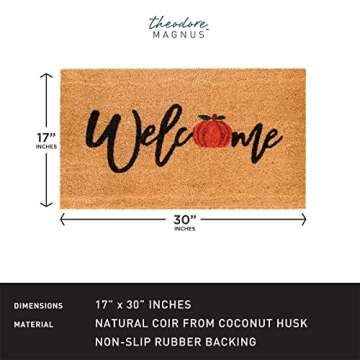 THEODORE MAGNUS Natural Coir Doormat with Non-Slip Backing - 17 x 30 - Outdoor / Indoor - Natural - Welcome Pumpkin - COIR-1730-15-208