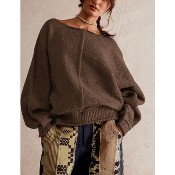 ACCPUR Women Oversized Fuzzy Knit Sweater Tops Scoop Neck Long Sleeve Loose Pullover Sweater Trendy Warm Fall Winter Clothes Army Green