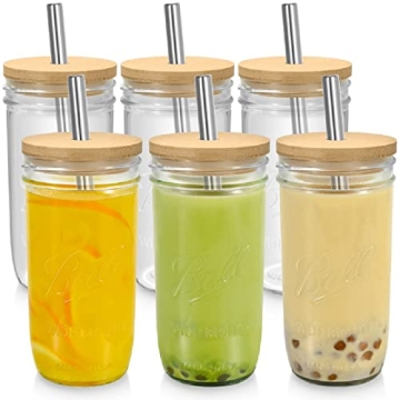 Dearwell Mason Jar Cups with Lids and Straw,Bubble Tea Cups,24 Oz ECO Reusable Wide Mouth Bamboo Lid...