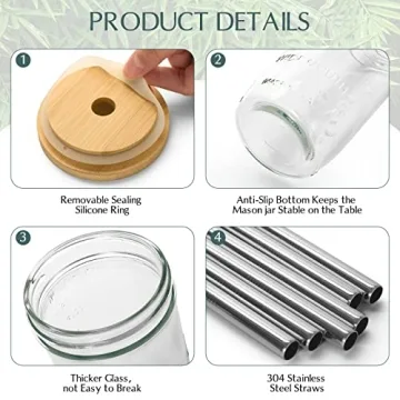 Dearwell Mason Jar Cups Set of 6, Wide Mouth Eco Glass Drinkware