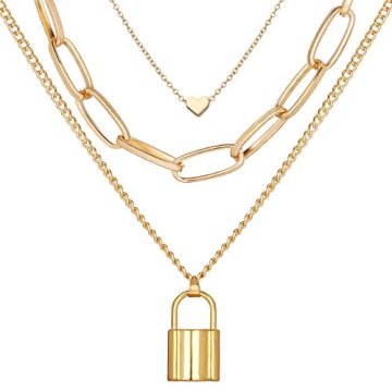 AOASK Dainty Layered Choker Necklaces Handmade Lock Heart Pendant Multilayer Adjustable Layering Cha...