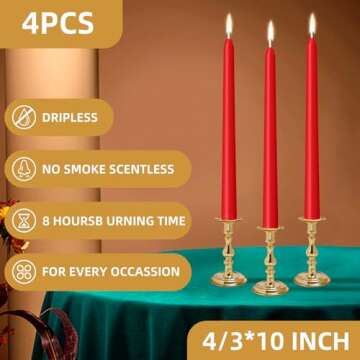 LYOBATH 4 Pack Red Taper Candles - Taper Candles 10 Inch Dripless, Smokeless & Unscented - 8 Hours L...