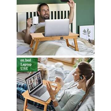 Laptop Desk Nnewvante Table Adjustable Bamboo Foldable Breakfast Serving Bed Tray w' Tilting Top Dra...