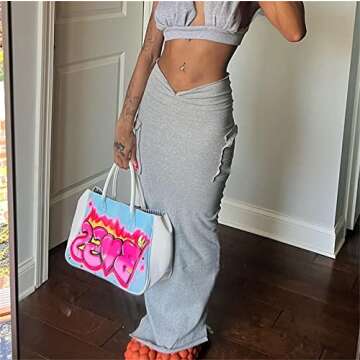 Womens Y2K Skirts Ruched Wasit Pockets Casual Hippie Bodycon Pencil Long Maxi Cargo Skirt with Slit Gray L