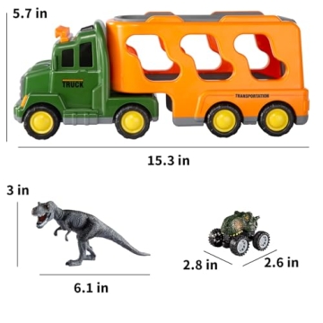 TEMI Dinosaurs Truck Toys for Boys Kids 3-5 Years, Transport Car with 3 Dinosaur Figures and 3 Monster Cars, Friction Powered Toy Vehicle in Carrier with Light and Sound, Toddler Play Gifts Set