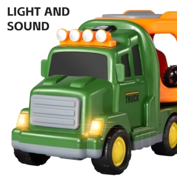 TEMI Dinosaurs Truck Toys for Boys Kids 3-5 Years, Transport Car with 3 Dinosaur Figures and 3 Monster Cars, Friction Powered Toy Vehicle in Carrier with Light and Sound, Toddler Play Gifts Set