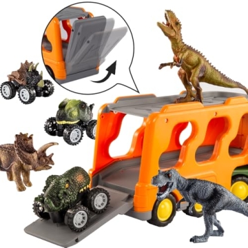 TEMI Dinosaurs Truck Toys for Boys Kids 3-5 Years, Transport Car with 3 Dinosaur Figures and 3 Monster Cars, Friction Powered Toy Vehicle in Carrier with Light and Sound, Toddler Play Gifts Set