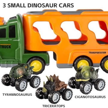 TEMI Dinosaurs Truck Toys for Boys Kids 3-5 Years, Transport Car with 3 Dinosaur Figures and 3 Monster Cars, Friction Powered Toy Vehicle in Carrier with Light and Sound, Toddler Play Gifts Set
