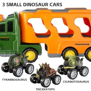 TEMI Dinosaurs Truck Toys for Boys Kids 3-5 Years, Transport Car with 3 Dinosaur Figures and 3 Monster Cars, Friction Powered Toy Vehicle in Carrier with Light and Sound, Toddler Play Gifts Set