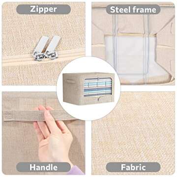 3 Pack Clothes Storage Bins Foldable Metal Frame Storage Box Stackable Linen Fabric Organizer Set wi...