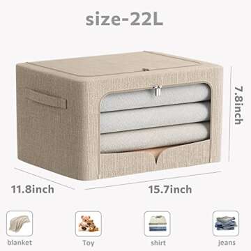 3 Pack Clothes Storage Bins Foldable Metal Frame Storage Box Stackable Linen Fabric Organizer Set with Carrying Handles and Clear Window (Beige, 15.7x11.8x7.8inch(22L))