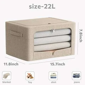 3 Pack Clothes Storage Bins Foldable Metal Frame Storage Box Stackable Linen Fabric Organizer Set with Carrying Handles and Clear Window (Beige, 15.7x11.8x7.8inch(22L))