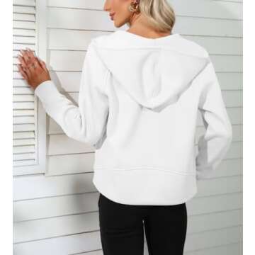 LEEDYA Womens Fleece Lined Full Zip Up Hoodie Cowl Neck Sweatshirt Long Sleeve Crop Pullover Tops White S
