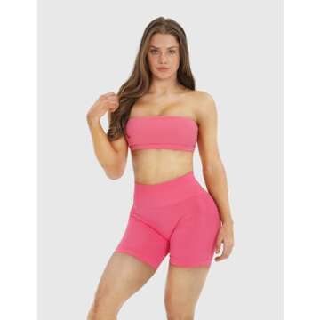 NEWVISISTER Bandeau Sports Bras for Women Detachable Straps Padded Bralette Bra Yoga Fitness Workout Crop Top, Rosy Pink, Large