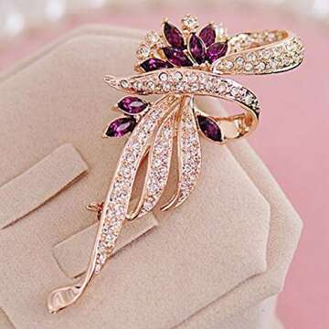 Walbest Brooch Pins for Women, Rhinestone Inlaid Flower Shape Brooch Pin Cardigan Shawl Clip Decor Gift (Purple)