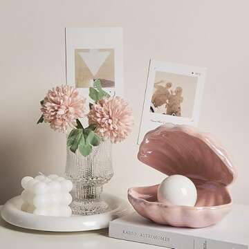 Mikily‘s Elegant Ocean-Inspired Shell Pearl LED Ceramic Night Light with Warm White Light Perfect Portable Nightlight for Bedrooms or Living Room Decorations and Special Occasions (Pink)