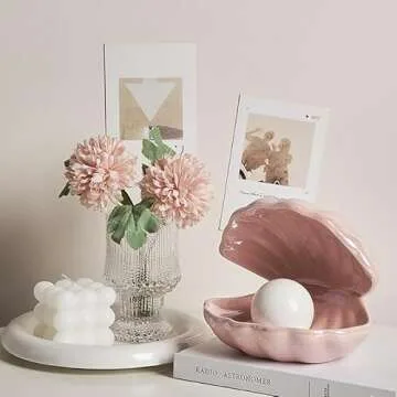 Mikily‘s Elegant Ocean-Inspired Shell Pearl LED Ceramic Night Light with Warm White Light Perfect Portable Nightlight for Bedrooms or Living Room Decorations and Special Occasions (Pink)