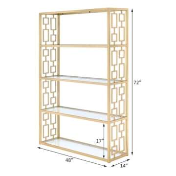 Acme Blanrio Rectangular 4-Shelf Etagere Bookcase in Clear Glass and Gold Metal