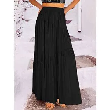 ANRABESS Women’s Boho Elastic High Waist Pleated A-Line Flowy Swing Asymmetric Tiered Maxi Long Skirt Dress with Pockets Black Large