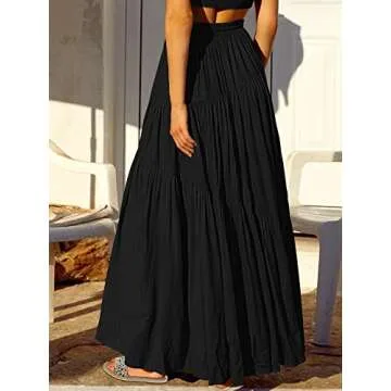 ANRABESS Women’s Boho Elastic High Waist Pleated A-Line Flowy Swing Asymmetric Tiered Maxi Long Skirt Dress with Pockets Black Large