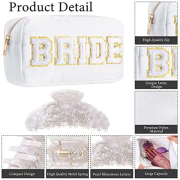Mrs/Bride Embroidered Makeup Bag Set: Cosmetic Pouch, Hair Claw Clip - for Bachelorette, Bridal Shower & Wedding