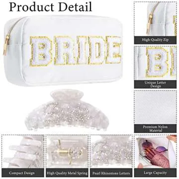Mrs/Bride Embroidered Makeup Bag Set: Cosmetic Pouch, Hair Claw Clip - for Bachelorette, Bridal Shower & Wedding