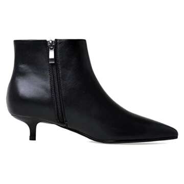 COLETER Women's Black Leather Ankle Boots Pointy Toe Kitten Heel Side Zippers Daily Wear Booties Black-32 8.5 US
