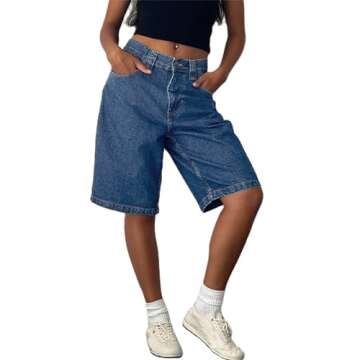 Votuleazi Long Baggy Jean Shorts for Women Y2k Carpenter Denim Shorts Casual Wide Leg Bermuda Jorts with Pockets(Retro Blue,Small)