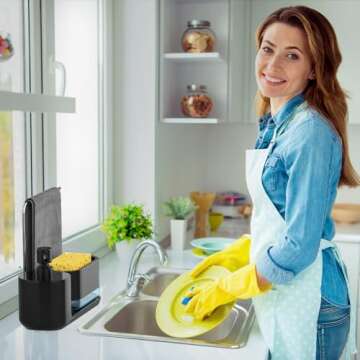 Kitchen Soap Dispenser Set, Soap Dispenser for Kitchen Sink, Dish Soap Dispenser with Sponge Holder, Rag Holder and Tray, 4-in-1 Organizer for Kitchen Sink Countertop, Useful Kitchen Gadgets - Black