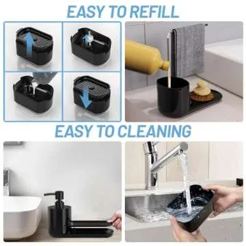Kitchen Soap Dispenser Set, Soap Dispenser for Kitchen Sink, Dish Soap Dispenser with Sponge Holder, Rag Holder and Tray, 4-in-1 Organizer for Kitchen Sink Countertop, Useful Kitchen Gadgets - Black
