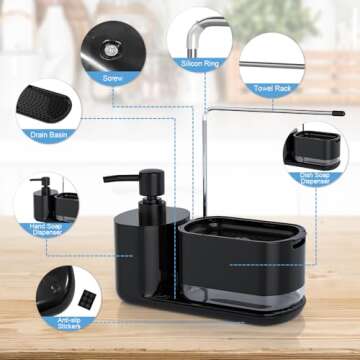 Kitchen Soap Dispenser Set, Soap Dispenser for Kitchen Sink, Dish Soap Dispenser with Sponge Holder, Rag Holder and Tray, 4-in-1 Organizer for Kitchen Sink Countertop, Useful Kitchen Gadgets - Black