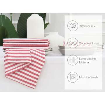 PurpleEssences Plain Striped Cloth Napkins - Set of 12-100% Cotton - 18 x 18 Inch - Spring Summer Easter - Perfect Everyday Use Dinner Napkin - Red and White