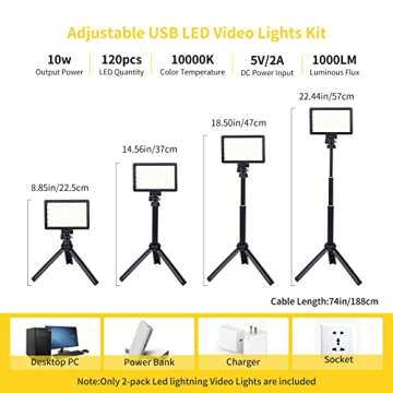 LED Video Light Kit for Camera,Dimmable 10000K 2-Pack Photography Lighting with Adjustable Tripod Stand 9Color Filters,USB LED Fill Lights for Tabletop Shooting,Video Recording Conference YouTube