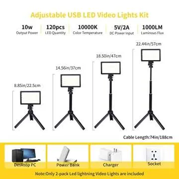 LED Video Light Kit for Camera,Dimmable 10000K 2-Pack Photography Lighting with Adjustable Tripod Stand 9Color Filters,USB LED Fill Lights for Tabletop Shooting,Video Recording Conference YouTube
